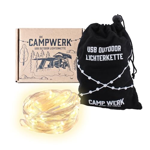 CAMPWERK USB-Lichterkette, LED-Lichterkette, Robust, Wasserfest, für Innen- und Außen, Outdoor für Camping, Zelten, Garten, Warmweiß, 100 LEDs, 10m