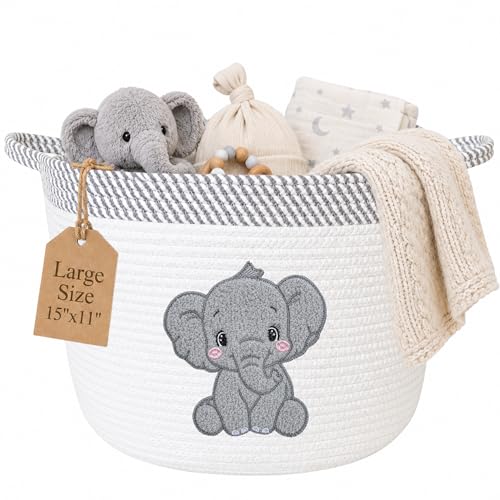 Image of Elephant Baby Storage Basket, Woven Cotton Rope Nursery Bin, 15x11 in | Stuffed Animal and Blanket Storage, Soft Felt Elephant Patch, Neutral Baby Room Decor, Baby Shower, Kids Playroom Organizer