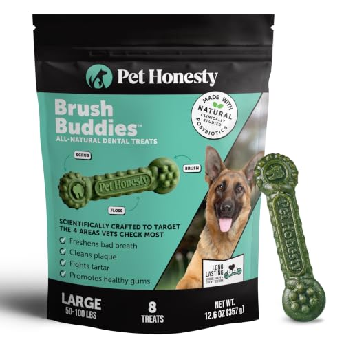 Image of Brush Buddies Long Lasting Dog Dental Chews - All Natural Dental Sticks for Teeth Cleaning Plaque Off + Tartar Remover for Dogs - Dog Dental Treats + Breath Freshener - Large Sized Dogs (8 Count)