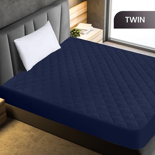 Utopia Bedding Quilted Fitted Mattress Pad, Twin Size, Elastic Fitted Mattress Topper Protector and Cover Stretches up to 16 Inches Deep, Machine Washable (Navy)