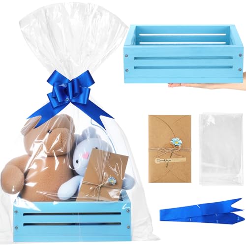 Image of Wonderjune Wooden Baskets for Back to School Gifts Empty Wood Basket with Cellophane Bag Ribbon Greeting Card for Birthday Baby Shower Wedding Housewarming Gifts Packaging(Blue,Small)