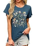 MAPICK Womens Loose Fit Floral Graphic T Shirts Crewneck Short Sleeve Tops Summer Casual Blouse Basic Tee(Navy Blue,X-Large)