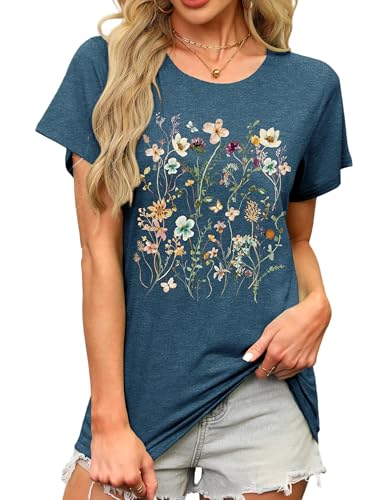MAPICK Womens Loose Fit Floral Graphic T Shirts Crewneck Short Sleeve Tops Summer Casual Blouse Basic Tee(Navy Blue,X-Large)