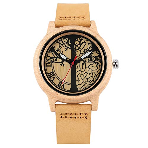 Montre unique en bois avec motif d’arbre de vie et cadran en bois pour femme, bracelet en cuir marron de qualité supérieure pour les amis, montre à quartz faite à la main pour femme