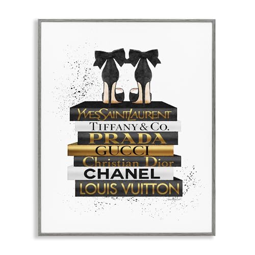 Image of Stupell Industries 'Black Gold White Glam Bookstack', Framed Giclee Art, Gray, 16 x 20 Inches, Easy to Hang and Sturdy, Made in USA, by Amanda Greenwood