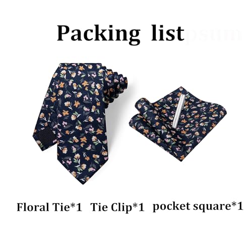 Image of YourTies Cotton Floral Tie for Men 2.5 inch Printed Skinny Necktie Pocket Square Tie Clip Set Flower Wedding Party Groom