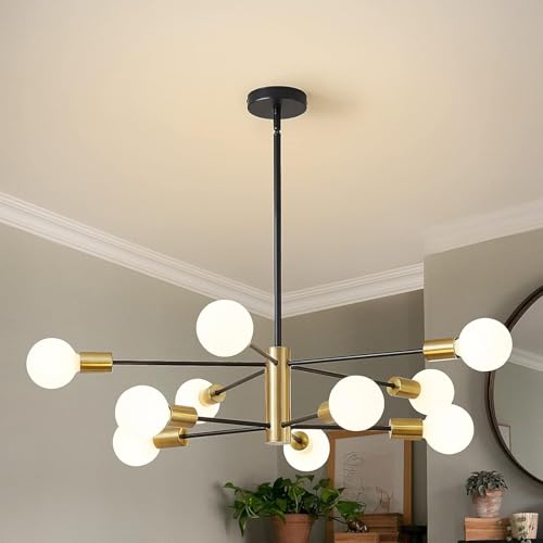 Riohan Lustre moderne Plafonnier Lustre Sputnik Lustre or et Noir Lampe de Plafond Industriel Grand Lustres Éclairage de Plafond, Suspension à 10 Flammes...
