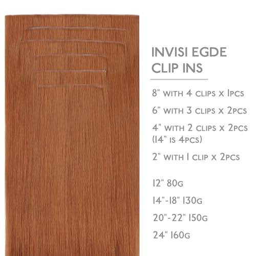 Image of WENNALIFE Invisi Edge Clip in Hair Extensions Real Human Hair, 20 Inch 150g 7pcs Cinnamon Terra Copper Seamless Clip in Extensions Remy Hair Clip Ins Invisible PU Skin Weft Straight Extensiones De Cab