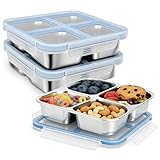 Tinaforld 3 Pack Stainless Steel Reusable Snack Containers with Lids, 4 Compartment, Leakproof, 24.5 oz Food Storage & Meal Prep Containers, Bento Lunch Box for Adults,Men,Women(Blue)