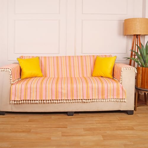 Image of STITCHNEST Woven 2 Seater Sofa Protector with 2 Hand Rest Covers - Pink & White Stripe Design - Washable Fabric with Tassels - Stylish Sofa Cover for Modern Living Room & Furniture Decor