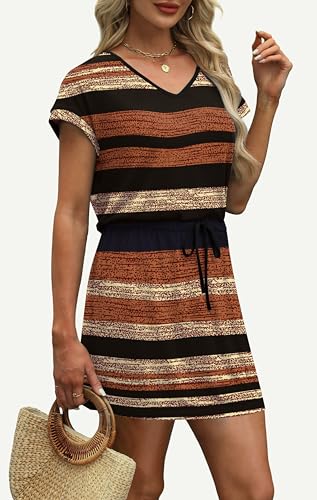 Image of OFEEFAN Summer Dresses for Women 2026 V Neck T Shirt Casual Mini Dresses Tie Waist Sundresses with Pockets