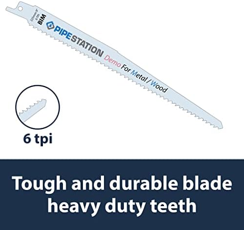 Pipestation® Reciprocating Saw Blade for Metal Wood Demolition | 9 Inch 6tpi BIM Recip Blades | Sawzall Saw Blade for Cutting Steel Pipe Drywall Composite Material | Fits Milwaukee Dewalt Bosch Makita