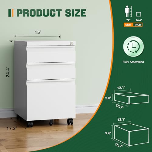 Image of Letaya 3 Drawer Mobile File Cabinet with Lock, Under Desk Metal Filing Cabinets for Home Office Organizer Letters /Legal /A4(Fully Assembled-White) (Pack of 2)