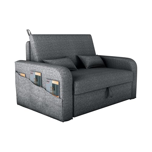 Sofá Cama Versátil Poltrona 2 Lugares Para Sala De Descanso Com Encosto Reclinável Luxo E Báu Organizador Linho Conforto Premium Design Moderno (Cinza)