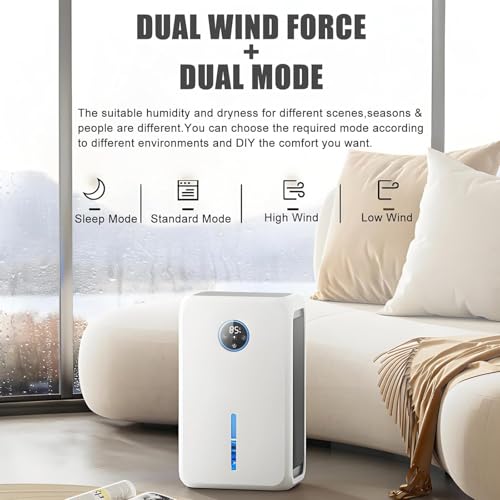 Deumidificatore ad alta efficienza energetica con serbatoio dell'acqua di grande capacità da 2,2 l, timer 12 ore, telecomando, spegnimento automatico, sistema di umidità intelligente per casa e