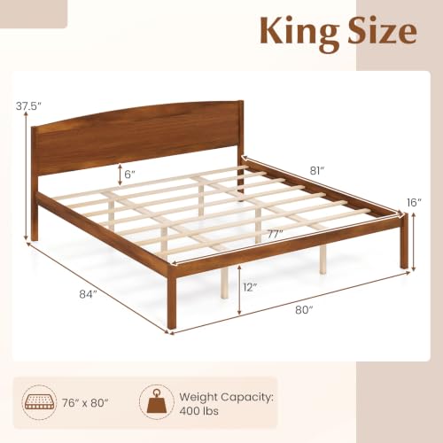 Image of GIANTEX King Size Wooden Bed Frame with Curved Headboard, Wood Slat Support