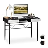 Relaxdays Escritorio de Cristal, Paso para Cables, con cajones, 78x110x55 cm, Negro, Aglomerado, Hierro, Vidrio, 78 x 110 x 55 cm