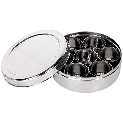 ARTISENIA Mother's Day Gifts Stainless Steel Spice Container 7 Containers and Small Spoon Orange See Through Masala Box Indian Masala Dabba with size 8 X 8 inches Cover