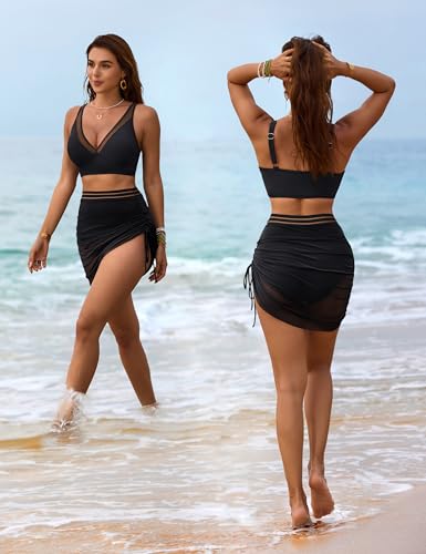 Image of Blooming Jelly Womens Swim Skirt High Waisted Bikini Sets Tummy Control Swimsuits Mesh Sarong Wraps Bathing Suits