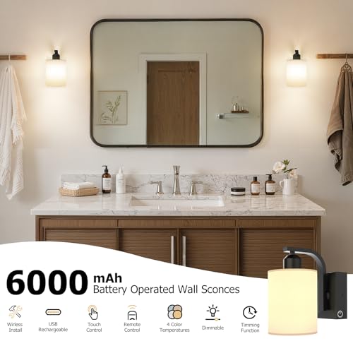 Image of iThird Wall Sconce Battery Operated Set of 2, 6000mAh Rechargeable Wall Lights with Touch Control and Remote Control, Wireless Wall Lamps for Bedroom, Black Sconces Wall Decor for Living Room Hallway