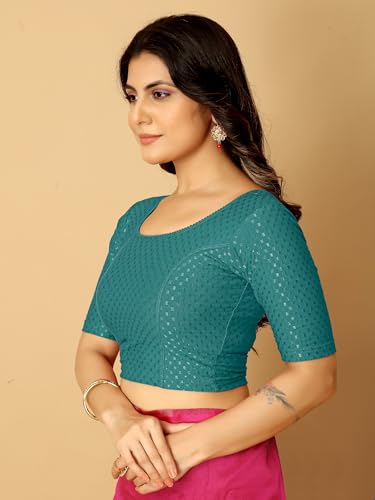 Image of Amazon Brand - Anarva Round Neck Dobby Cotton Lycra Stretchable Elbow Half Sleeve Readymade Saree Blouse for Women Stylish