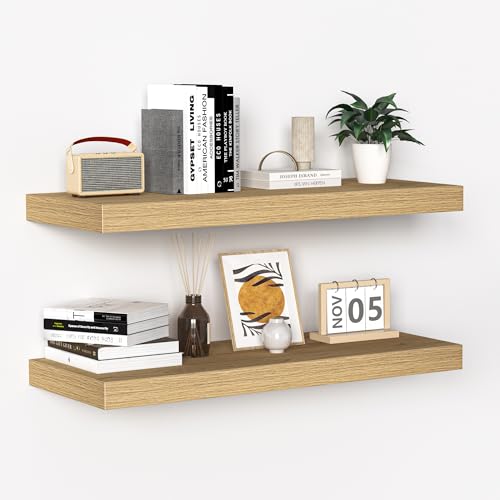 Image of Fun Memories Floating Shelves - 24 Inch Rustic Wooden Wall Shelves - Extra Deeper & Thicker Wall Mounted Storage Shelf for Living Room, Kitchen, Farmhouse - 24" x 9" x 1.6" 2Pack, Oak