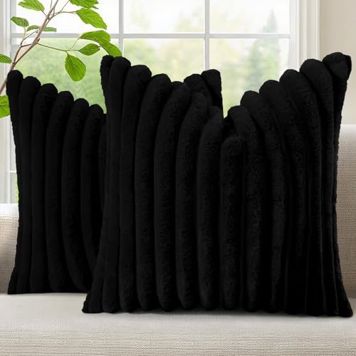 Image of decorUhome Fall Cozy Faux Fur Throw Pillow Covers 24x24 Set of 2 Decorative Soft Plush Striped Modern Farmhouse Boho Couch Euro Sham Pillow Cases with Velvet Back for Sofa Bed Living Room, Black