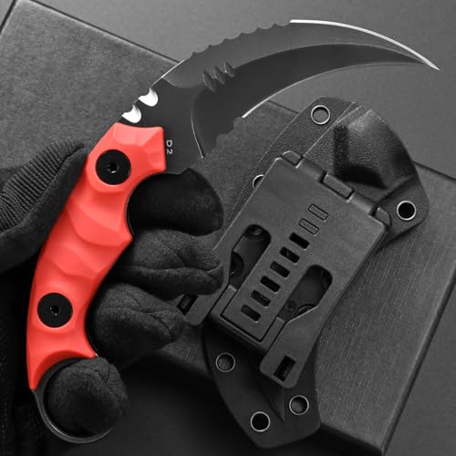 C1691N Fixed Blade Knife,D2 Steel Nylon Fiberglass Handle Claw Knife for Survival, Outdoor, EDC Hiking, Camping with Kydex Sheaths(Red)