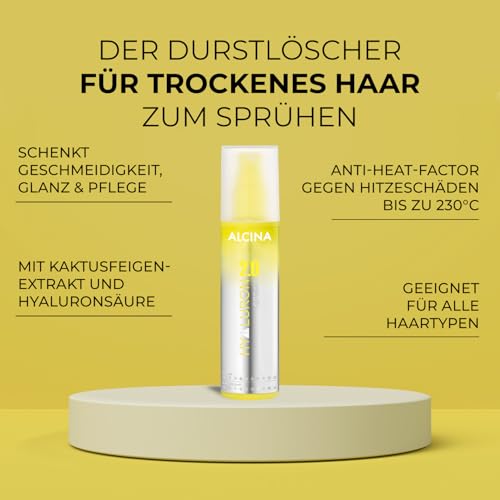 Foto von ALCINA Hyaluron 2.0 Spray (125 ml) - Spray für trockene & spröde Haare - für Glanz & Geschmeidigkeit - verhindert Hitzeschäden bis zu 230°C - Haarpflege mit Hyaluronsäure & Kaktusfeigenextrakt