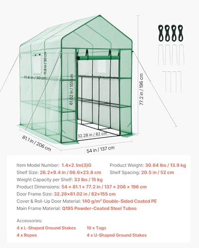 Image of VEVOR Walk-in Greenhouse, 54 inch x 81.1 inch x 77.2 inch Greenhouse for Outdoors with Windows, PE Cover, 2 Tiers 14 Shelves, Roll-Up Zipper Door, Walk in Green House, Portable Plant Garden Hot House for Backyard