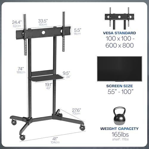Image of VIVO Mobile TV Cart for 55 to 100 inch Screens up to 165 lbs, LCD LED OLED 4K Smart Flat and Curved Panels, Rolling Stand with Laptop DVD Shelf, Locking Wheels, Max VESA 800x600, Black, STAND-TV100E