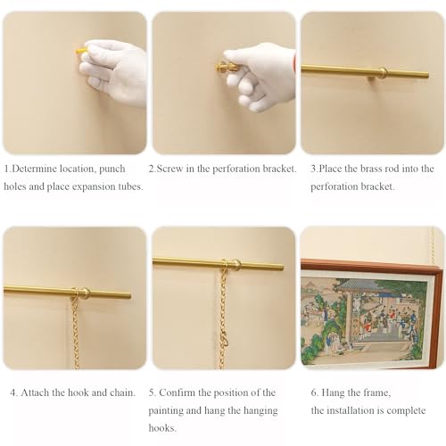 Image of UrbanUp Picture Rail Hanging System Gallery System Picture Rail Art Hanging Kit, Gold Picture Hanging Hardware, French Style Picture Hanging String, Adjustable Art Hangers(1.8m(70.9 inch) Rod)