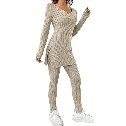 La Mejor Selección de Twin-sets para Mujer los mejores 10. 47 Traje de suéter dos piezas mujer, manga larga cuello redondo, pantalón tiro alto, conjunto chándal punto elegante Sueteres Twin-sets