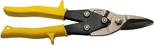 Aviation Snips Straight Cut - Heavy Duty Tin Snips for Cutting Sheet Metal, Aluminum and Vinyl - Forged Serrated Blades, Non-Slip Grip and Safety Latch for HVAC, Gutter and DIY (Yellow)