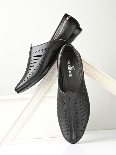 Image of Ethnic Jutti & Mojri Shoes for Men | Traditional Nagra Style Footwear | Slip On Design | Closed Toe Pattern | Cultural Wear Mens Shoes | Black Color