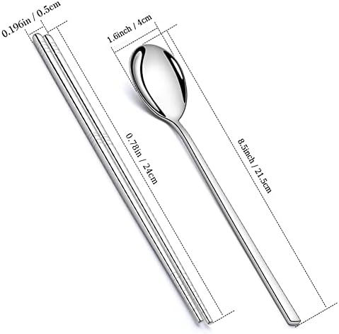 AOOSY 4 Pairs Chopsticks and 4 Spoons Set Korean Stainless Steel Chopsticks Spoons, Kitchen Reusable Metal Flat Long Handle Chopstick Spoon Set for Home, Kitchen or Restaurant