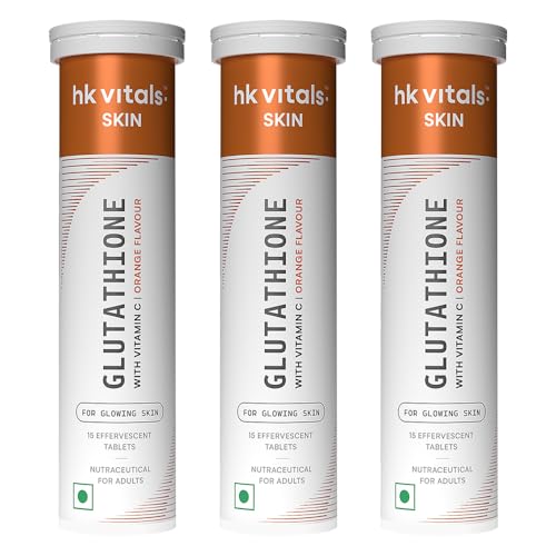 Image of hk vitals Glutathione (Orange, 15 Effervescent Tablets) | L-Glutathione Tablets with Vitamin C & E | For Skin Glow & Hydration (Pack of 3)