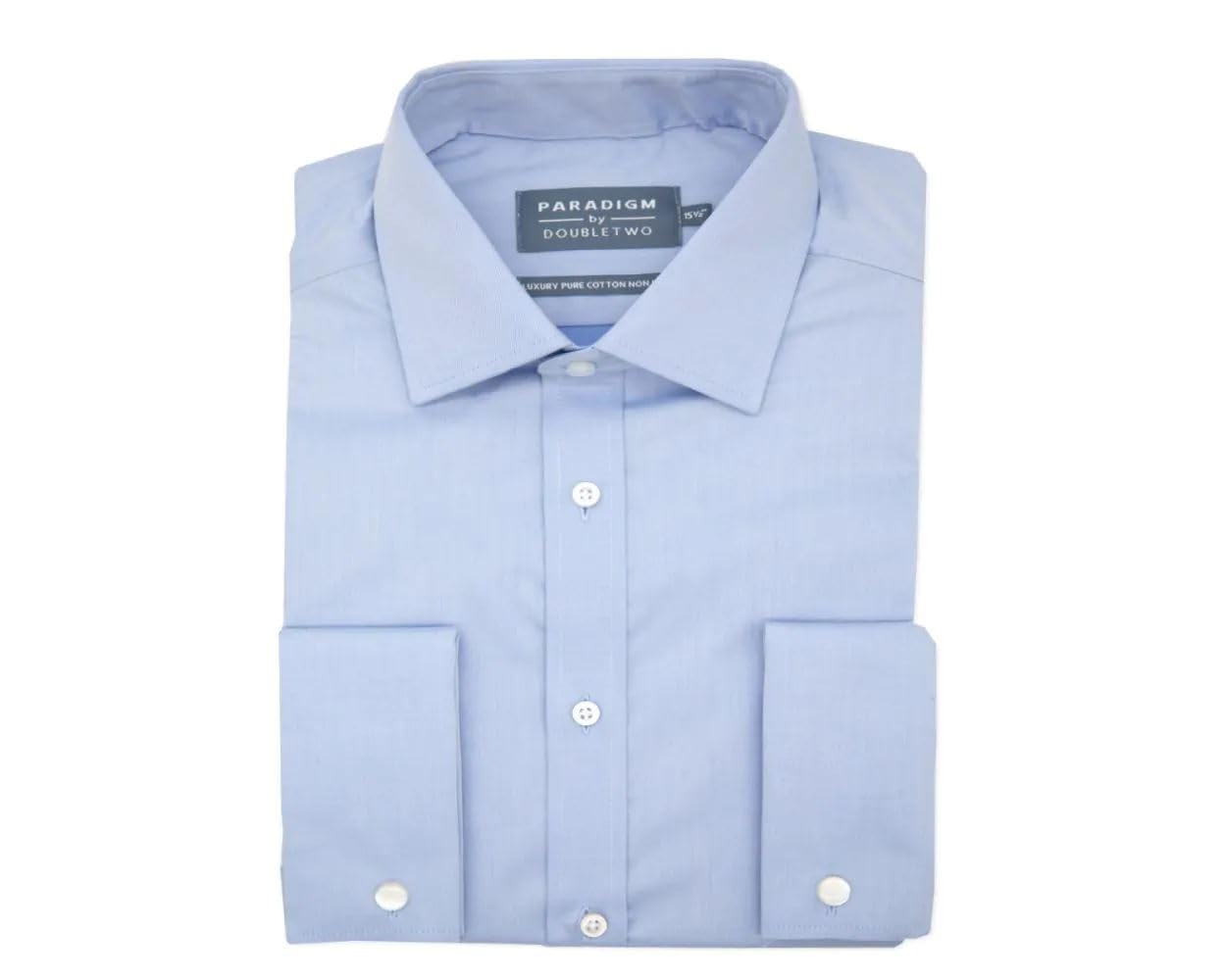 Double TWO Men's Cotton Twill Shirt Luxury Double Cuff Classic Fit Formal Shirt - Blue 17.5" Collar