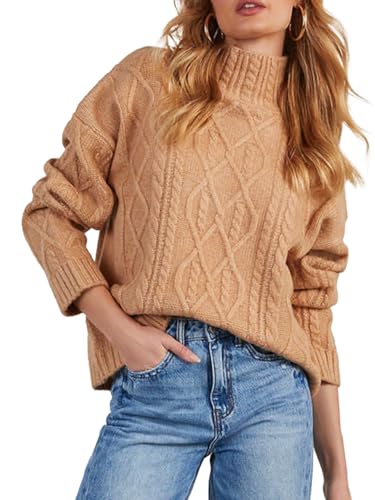 Image of cordat Women's Turtleneck Sweater Chunky Long Sleeve Cable Knitted Pullover Trendy 2024 Fall Winter Basic Jumper Tops Khaki
