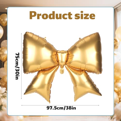 Image of 4Pcs Giant Bow Balloons, 97.5cm /38in Big Elegant Coquette Theme Balloons for Birthday Wedding Engagement & Party Large Decorations Bridal & Bachelorette Supplies (Gold)