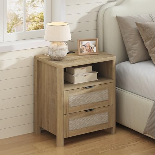 Image of Boho Nightstand with Charging Station, Large Bedside Table with Two Drawers & Open Storage Shelf, Mid-Century Modern End Table Rattan-Look Drawer, Accent Side Table with Rounded Corners for Bedroom