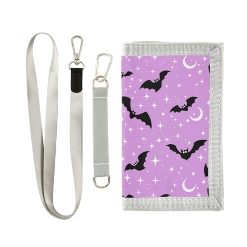 JHKKU Halloween Bats Moons Trifold Wallets for Kids Boys Girls, Outdoor Sports Wallet for Teen, with Zipper Coin Pocket Novelty Purse