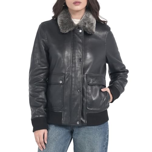 STREGA Womens leather jacket Lambskin Bomber Jacket-detachable snow top faux fur collar Black Leather jacket women.