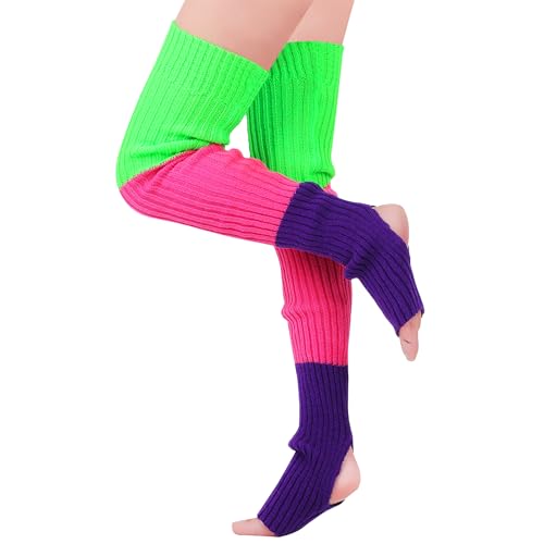 Littleforbig Thigh High Bright Color Blocked Novelty Knit Stacked Extra Long Over The Knee Knitted Stirrup Stockings - Green & Red & Purple