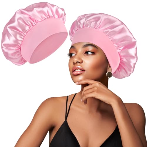 Oumida - Gorro de raso para el pelo y la noche, con satén de seda suave y ellasstico, para mujer, pelo largo y rizado, rosa, Talla única