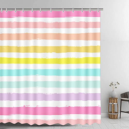 Aibiin Rainbow Stripes Shower Curtain For Bathroom Decorations With 12 Plastic Hooks Color Horizontal Stripe Bathtub Decor Polyester Fabric Shower Curtains Set 72X72In #TOP3