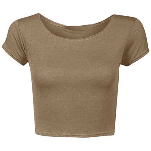 T-shirt col rond haut court marron uni à manches cap Up Town Femme