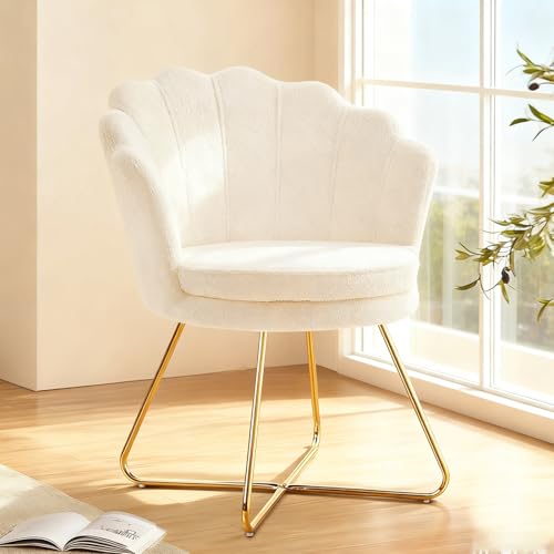 Hellove Chaise Coiffeuse Sherpa – Design Coquillage Fauteuil Coiffeuse, Pieds en Métal Doré, Fauteuil Salon Confortable pour Lecture, Chambre ou Tabouret Coiffeuse,...