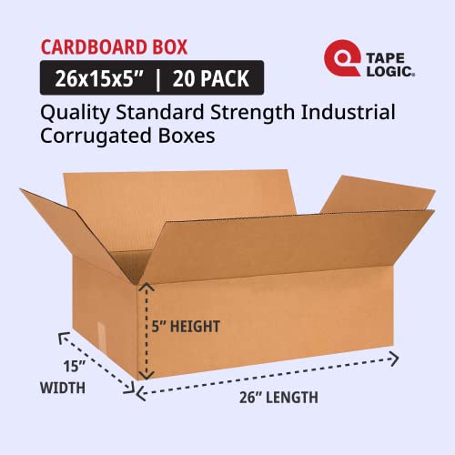 Image of TAPE LOGIC 26x15x5 Flat Corrugated Boxes, Flat, 26L x 15W x 5H, Pack of 20 | Shipping, Packaging, Moving, Storage Box for Home or Business, Strong Wholesale Bulk Boxes