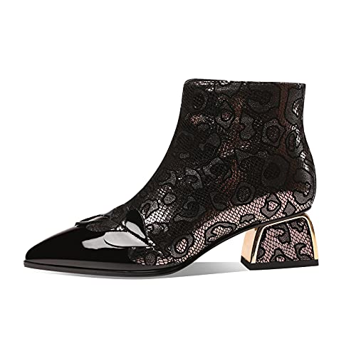 TinaCus Women's Handmade Patent Genuine Leather Block Heel Side Zip Up Floral Mesh Hollow Ankle Boots with Heart Decor2